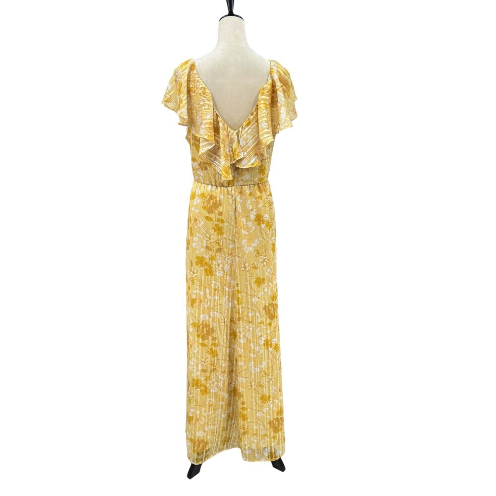 Eloquii Golden Yellow Floral Metallic Stripe Ruffle Sleeveless Maxi Dress - Picture 5 of 13
